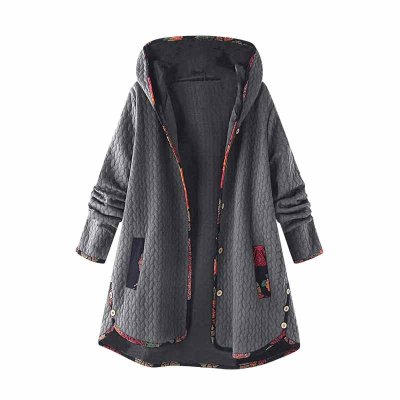 Vintage Fleece Coat Hooded Winter Warm Women Coat Fashion Loose Flroal Printed Long Sleeve Cotton Jacket